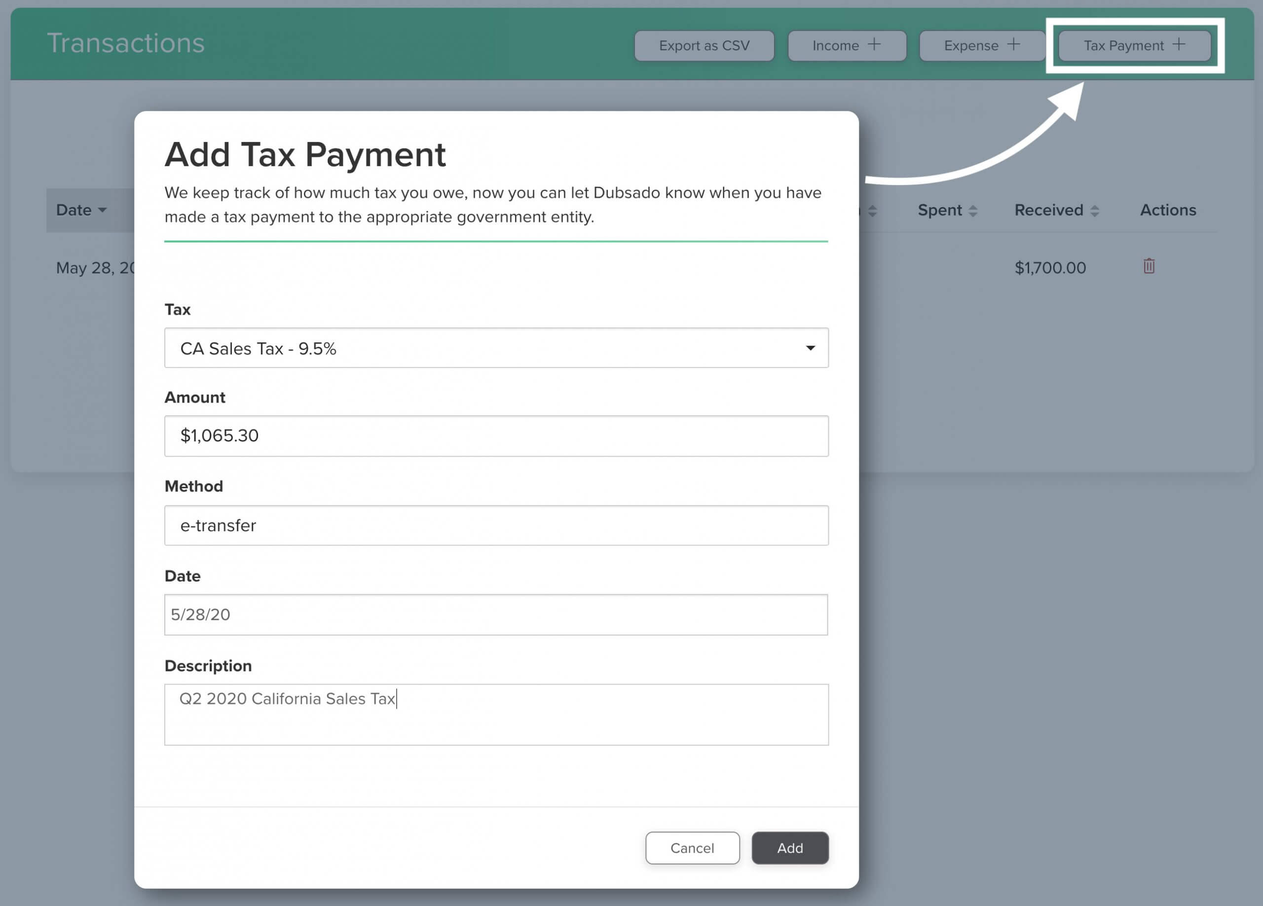 Screenshot de la sección de impuestos en Dubsado