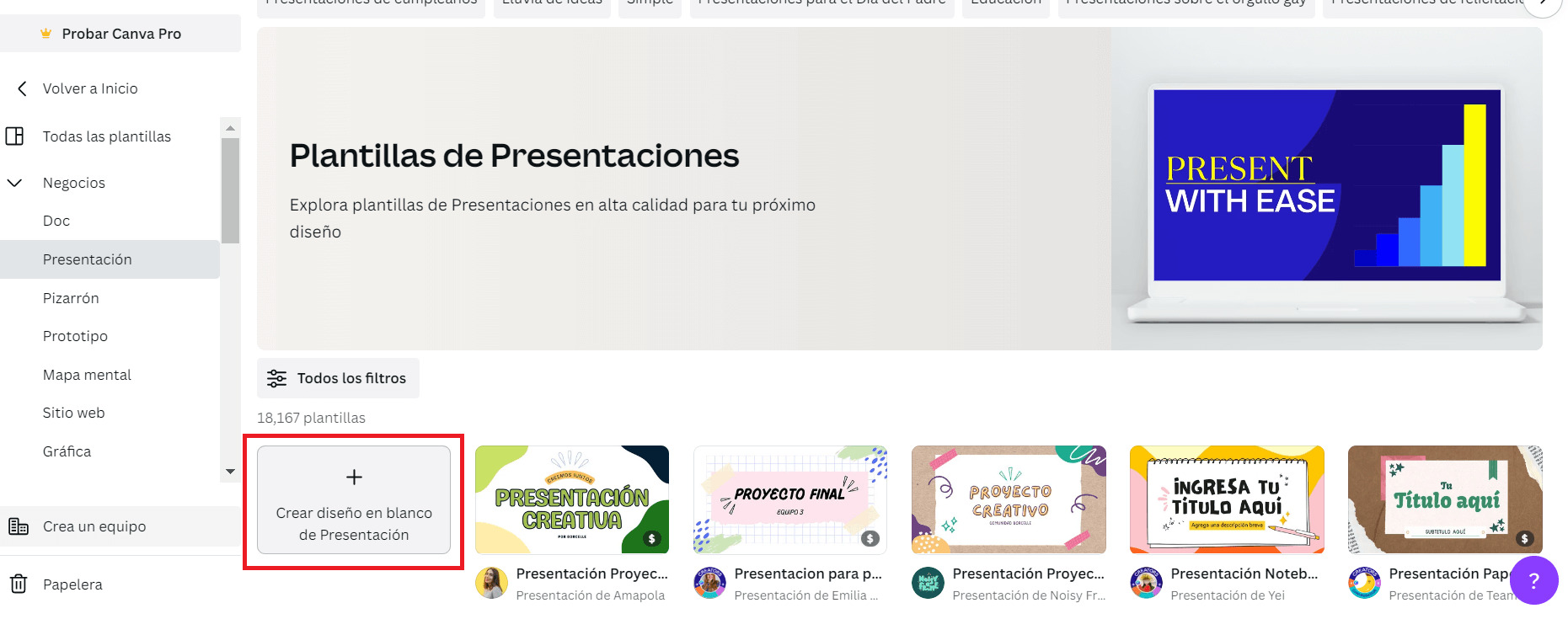 Screenshot de página de Canva mostrando de plantillas para presentaciones