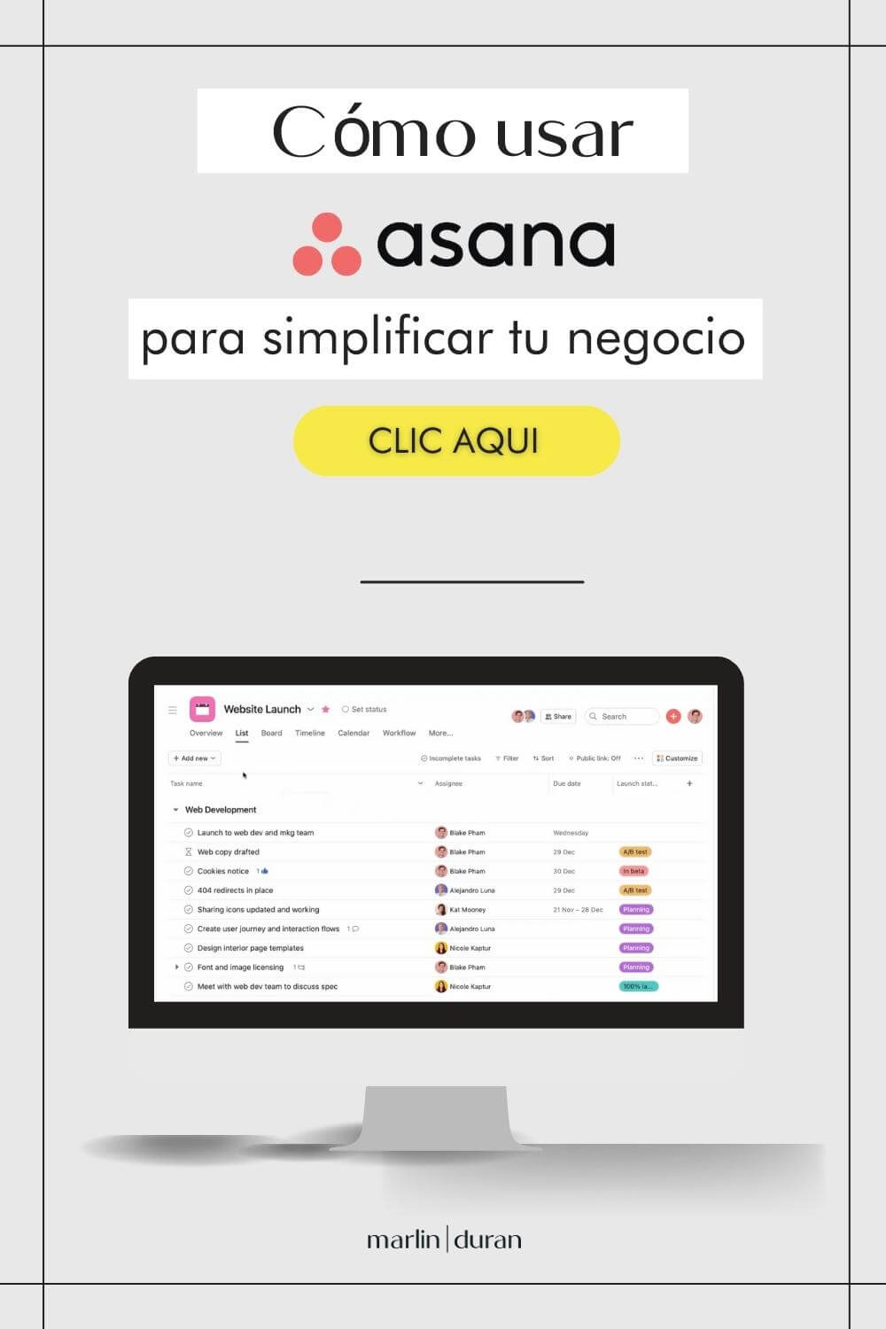 Una imagen vertical con el título 'Cómo usar Asana para simplicar tu negocio'