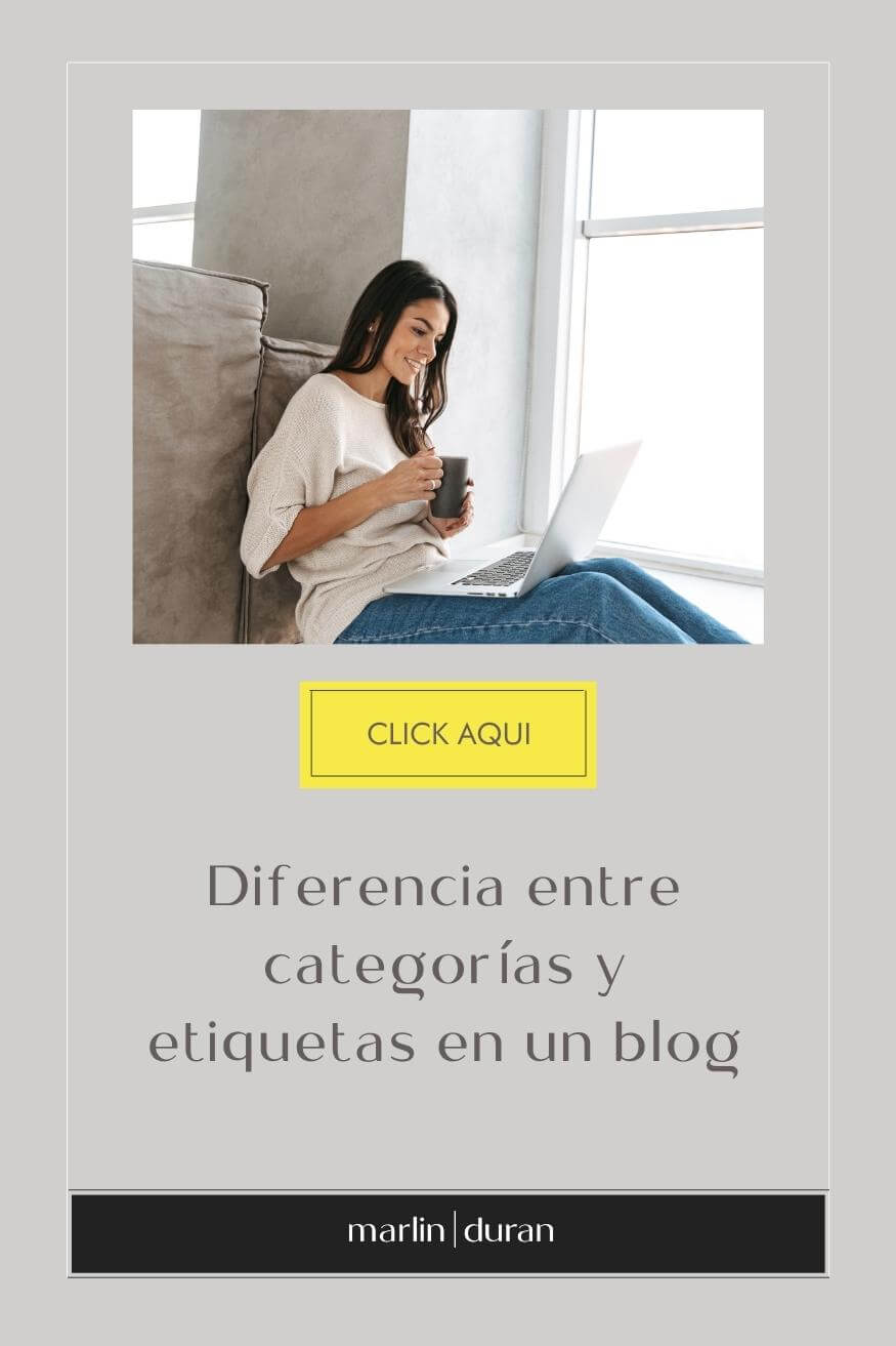Una imagen vertical con el título 'diferencia entre categorías y etiquetas en un blog' y una mujer blogger trabajando en su blog con su laptop
