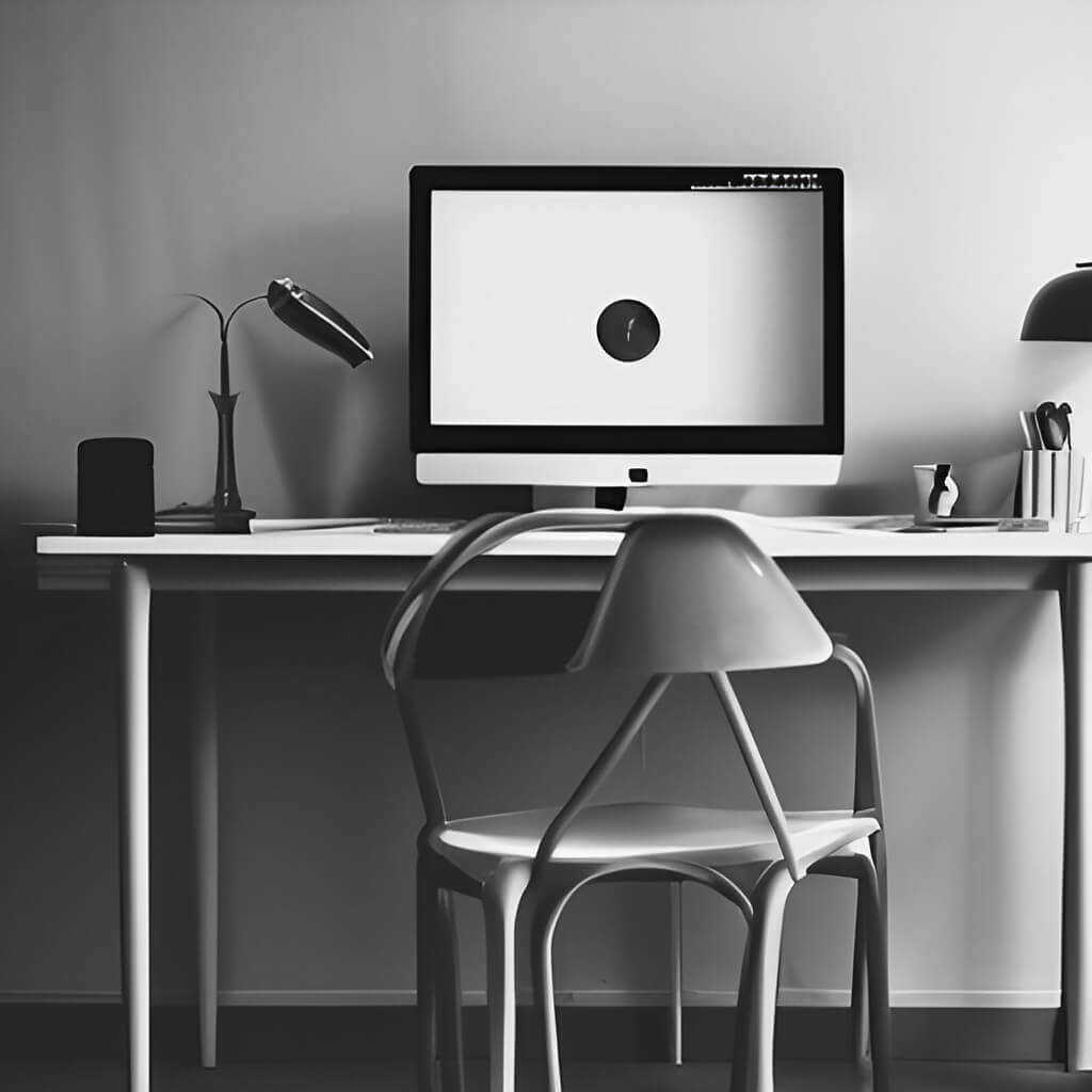 un escritorio con una silla color gris y una computadora