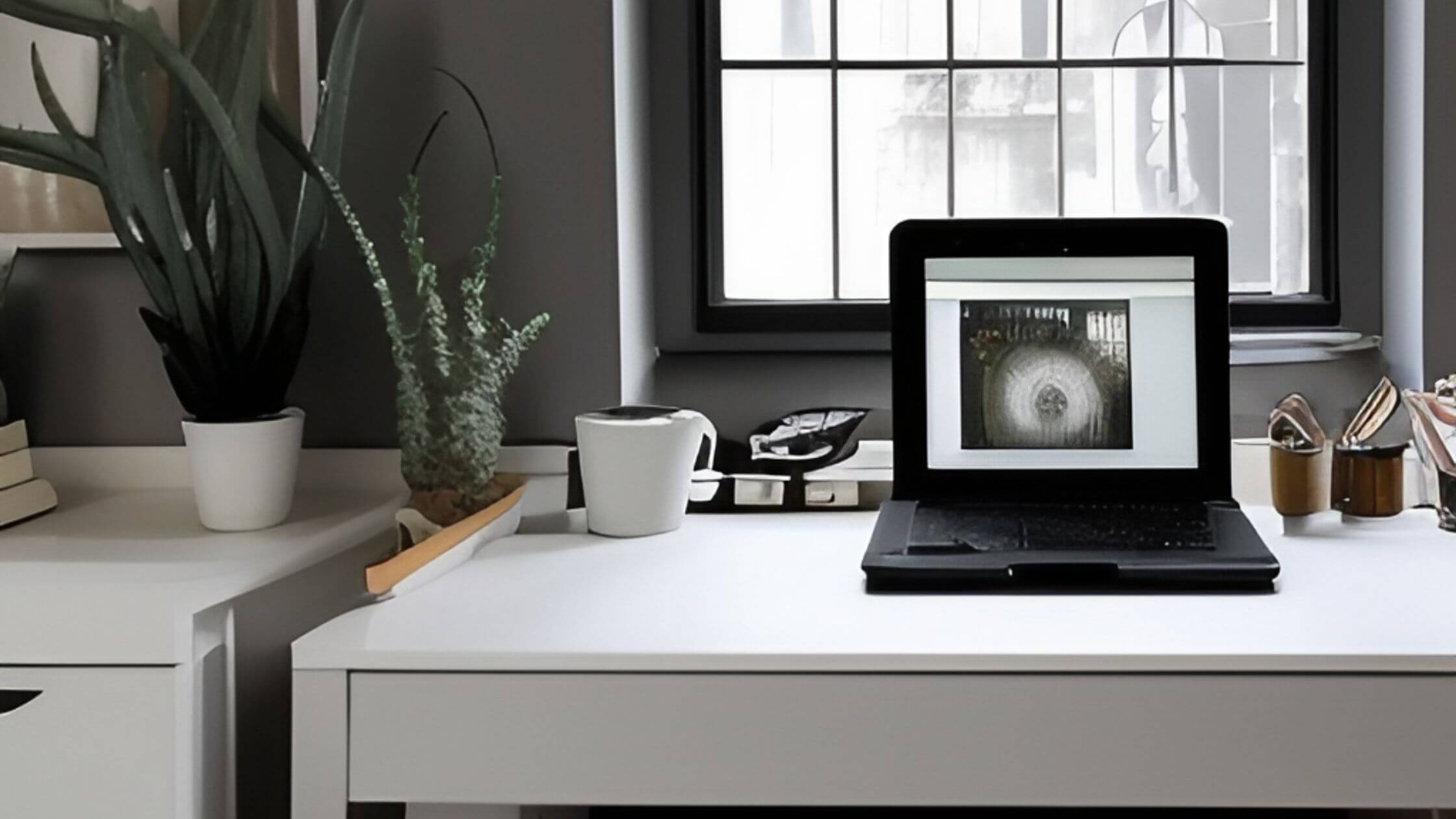 Estación de trabajo minimalista con plantas artificiales y una laptop