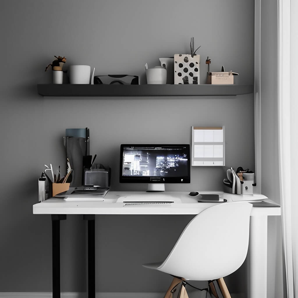 Estación de trabajo con pared color gris y una silla blanca
