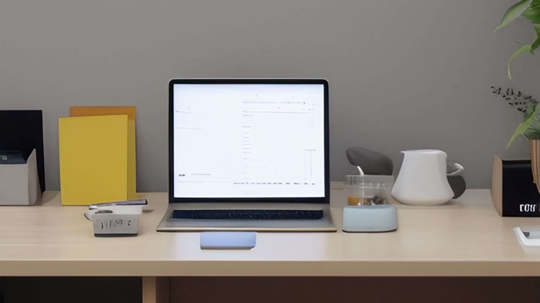 Una estación de trabajo con una laptop y un elemento de oficina de color amarillo