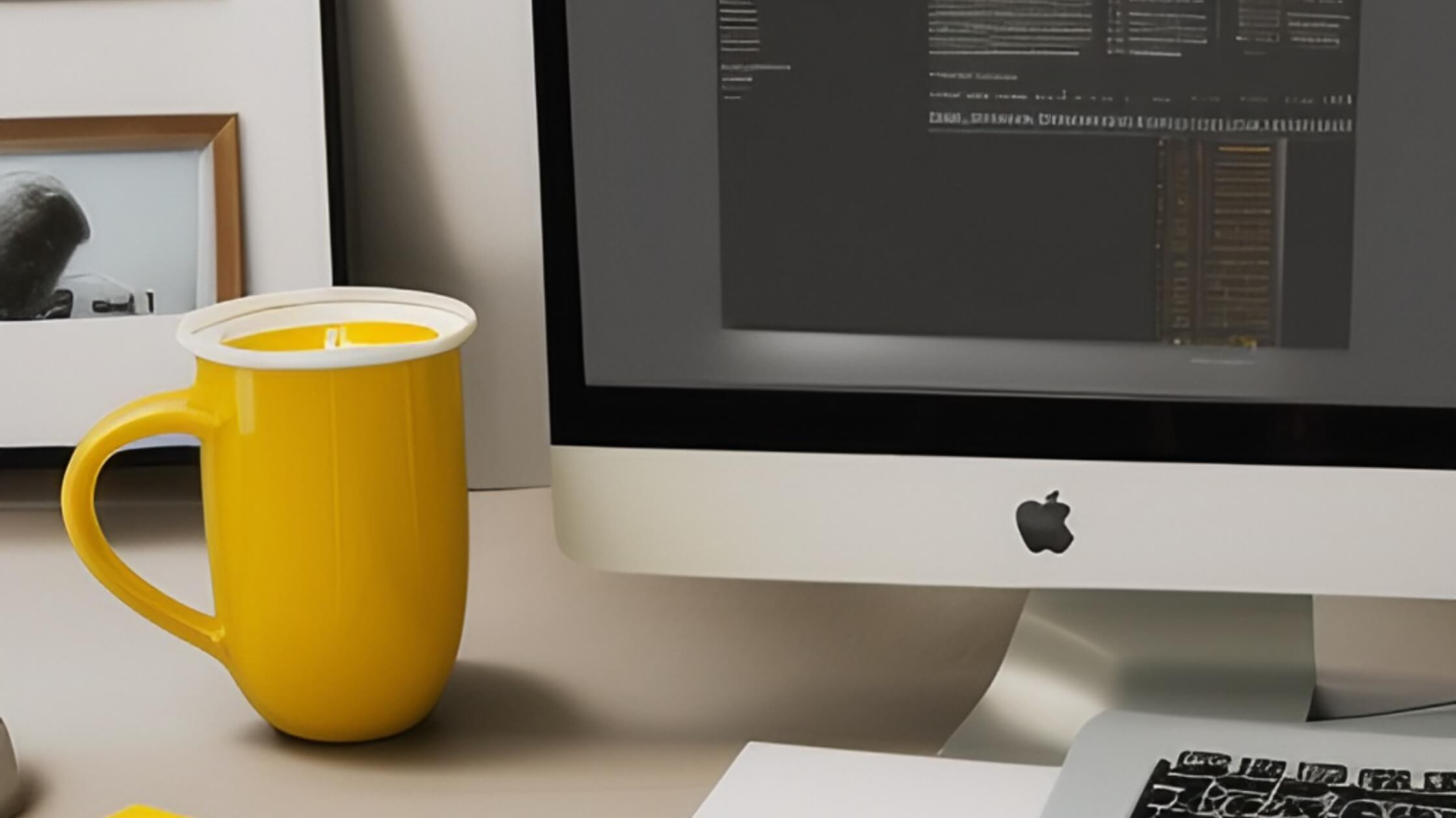 Un mug de ceramica de color amarillo y una laptop