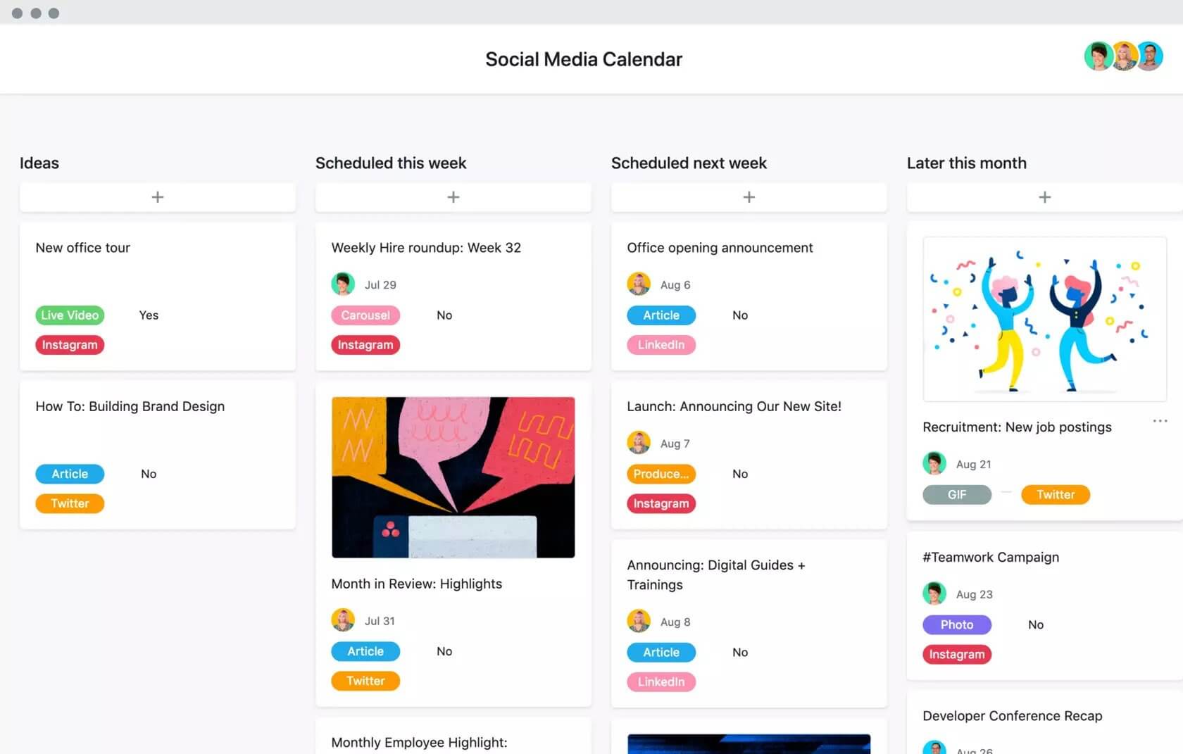 Plantilla de calendario de redes sociales de Asana